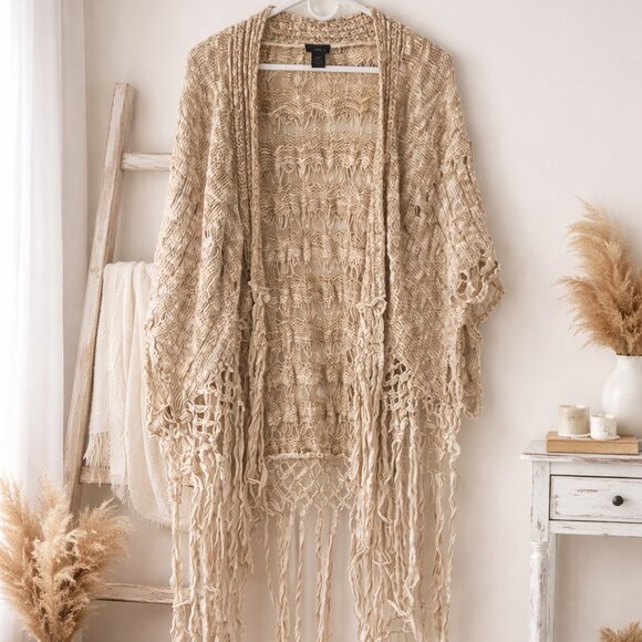 Boho Fringe Knit Kimono Cardigan Cream Open Knit Festival Beach Cover Up - Picture 2 of 8